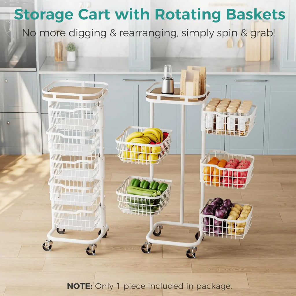 5 Tier Kitchen Fruit Vegetable Storage Cart with Rotating Basket, Rolling Rack Shelf Organizer Floor Stand on Wheel for Snack