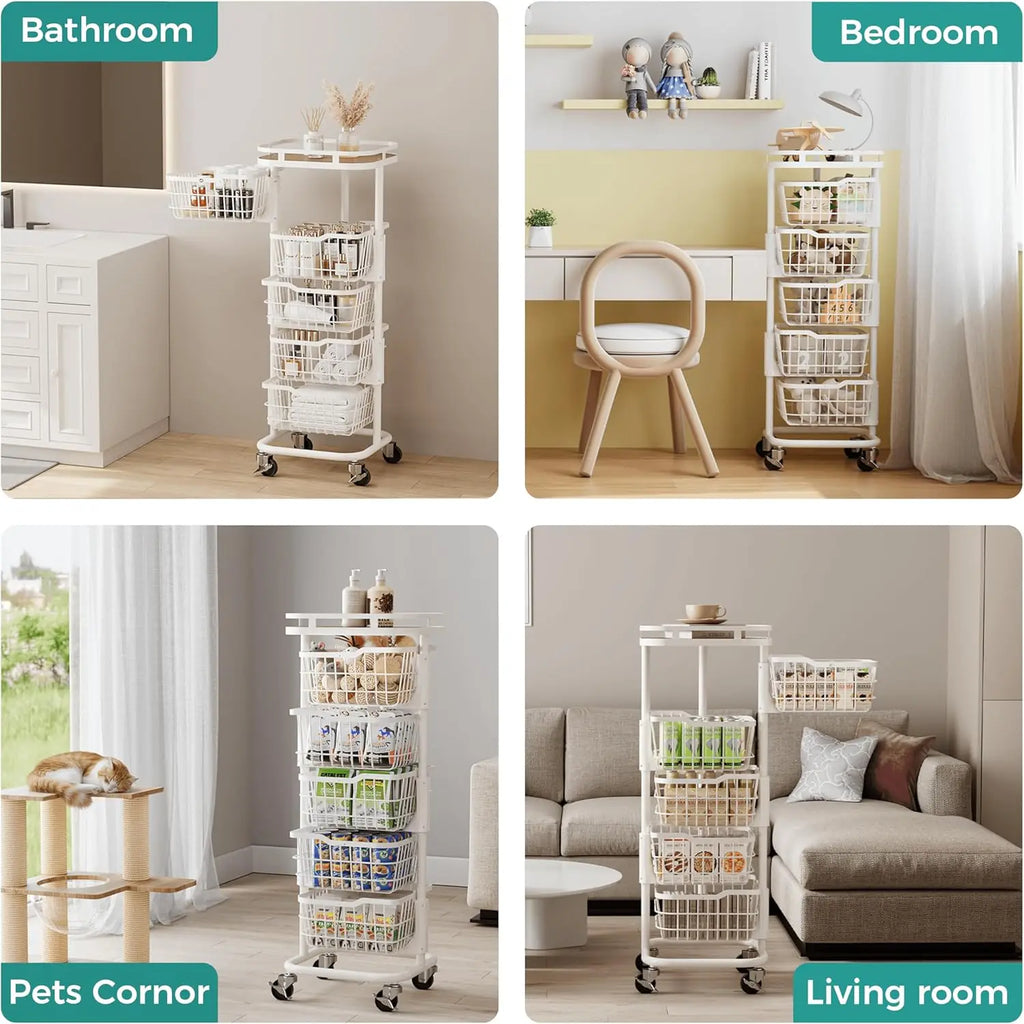 5 Tier Kitchen Fruit Vegetable Storage Cart with Rotating Basket, Rolling Rack Shelf Organizer Floor Stand on Wheel for Snack