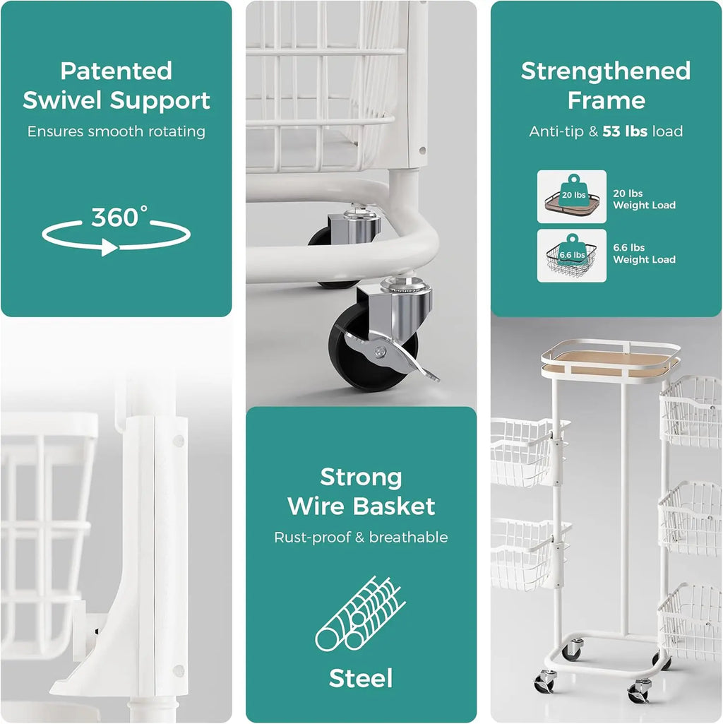 5 Tier Kitchen Fruit Vegetable Storage Cart with Rotating Basket, Rolling Rack Shelf Organizer Floor Stand on Wheel for Snack