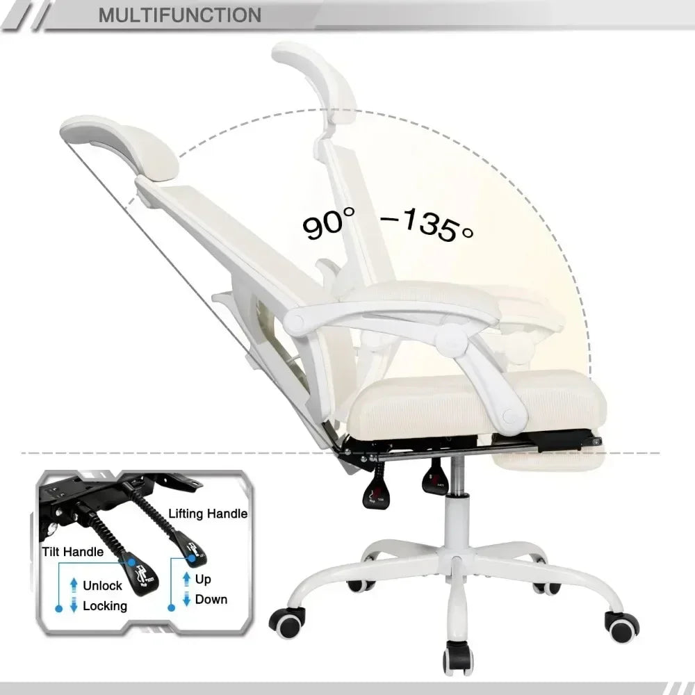Qulomvs Mesh Ergonomic Office Chair with Footrest Home Office Desk Chair with Headrest and Backrest 90-135 Adjustable