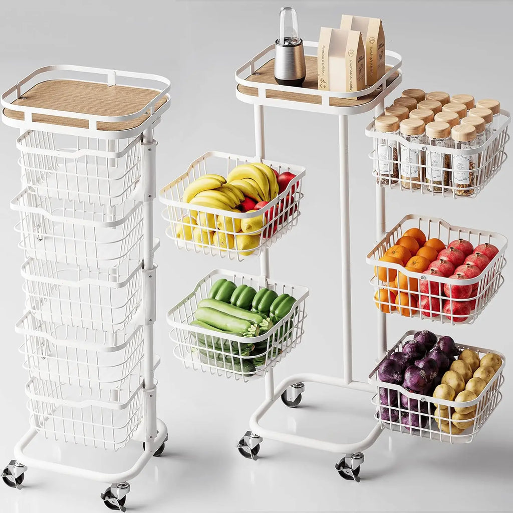 5 Tier Kitchen Fruit Vegetable Storage Cart with Rotating Basket, Rolling Rack Shelf Organizer Floor Stand on Wheel for Snack