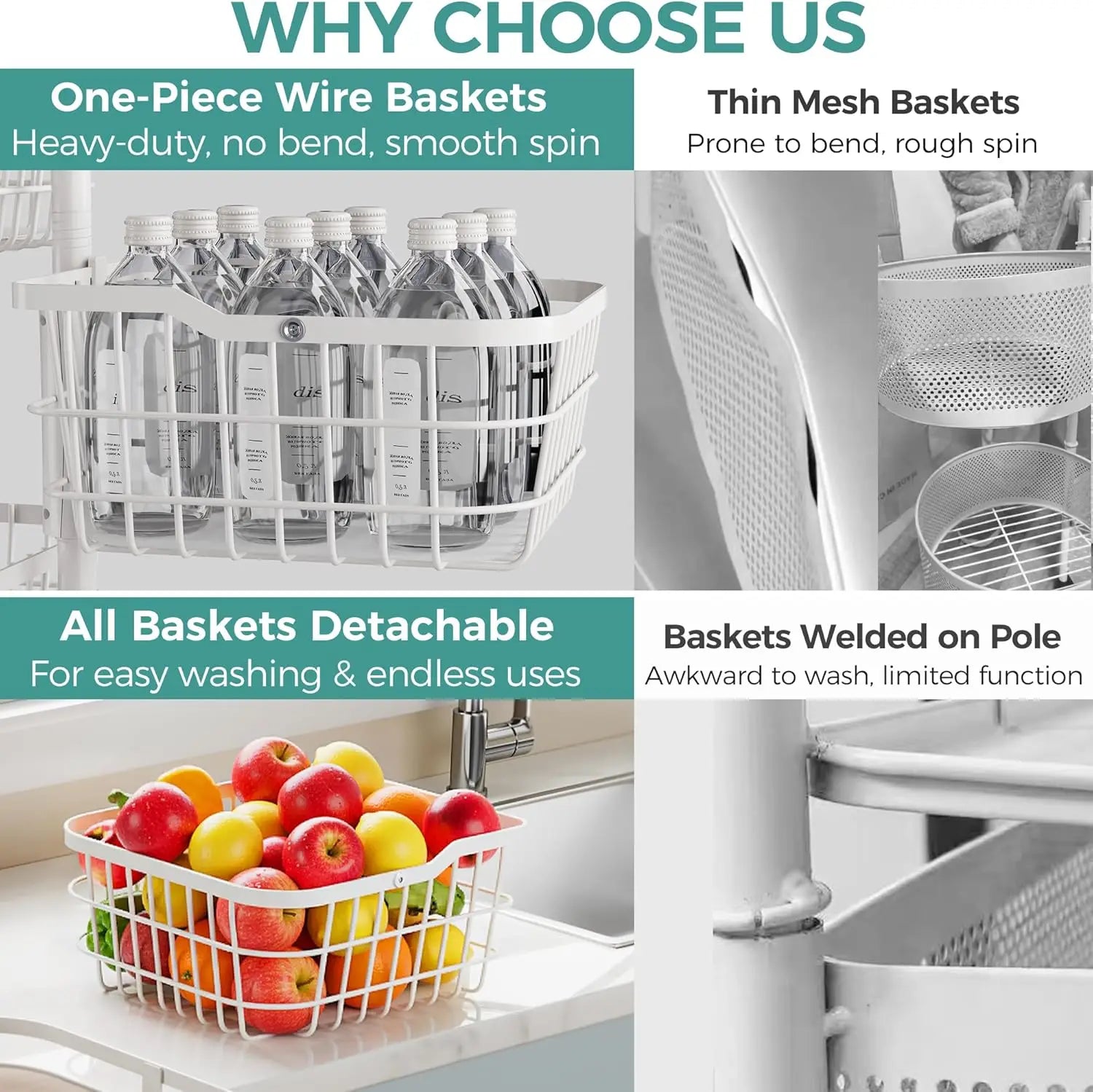 5 Tier Kitchen Fruit Vegetable Storage Cart with Rotating Basket, Rolling Rack Shelf Organizer Floor Stand on Wheel for Snack