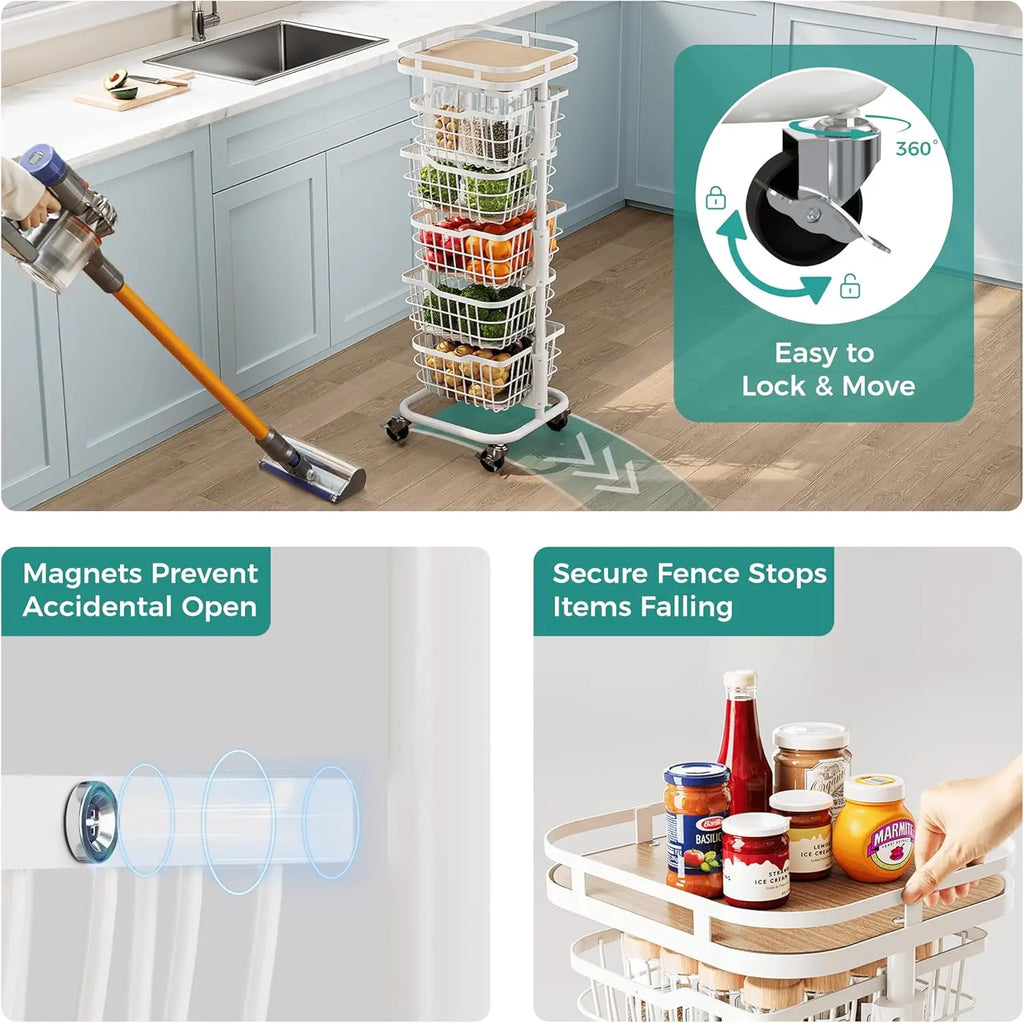 5 Tier Kitchen Fruit Vegetable Storage Cart with Rotating Basket, Rolling Rack Shelf Organizer Floor Stand on Wheel for Snack